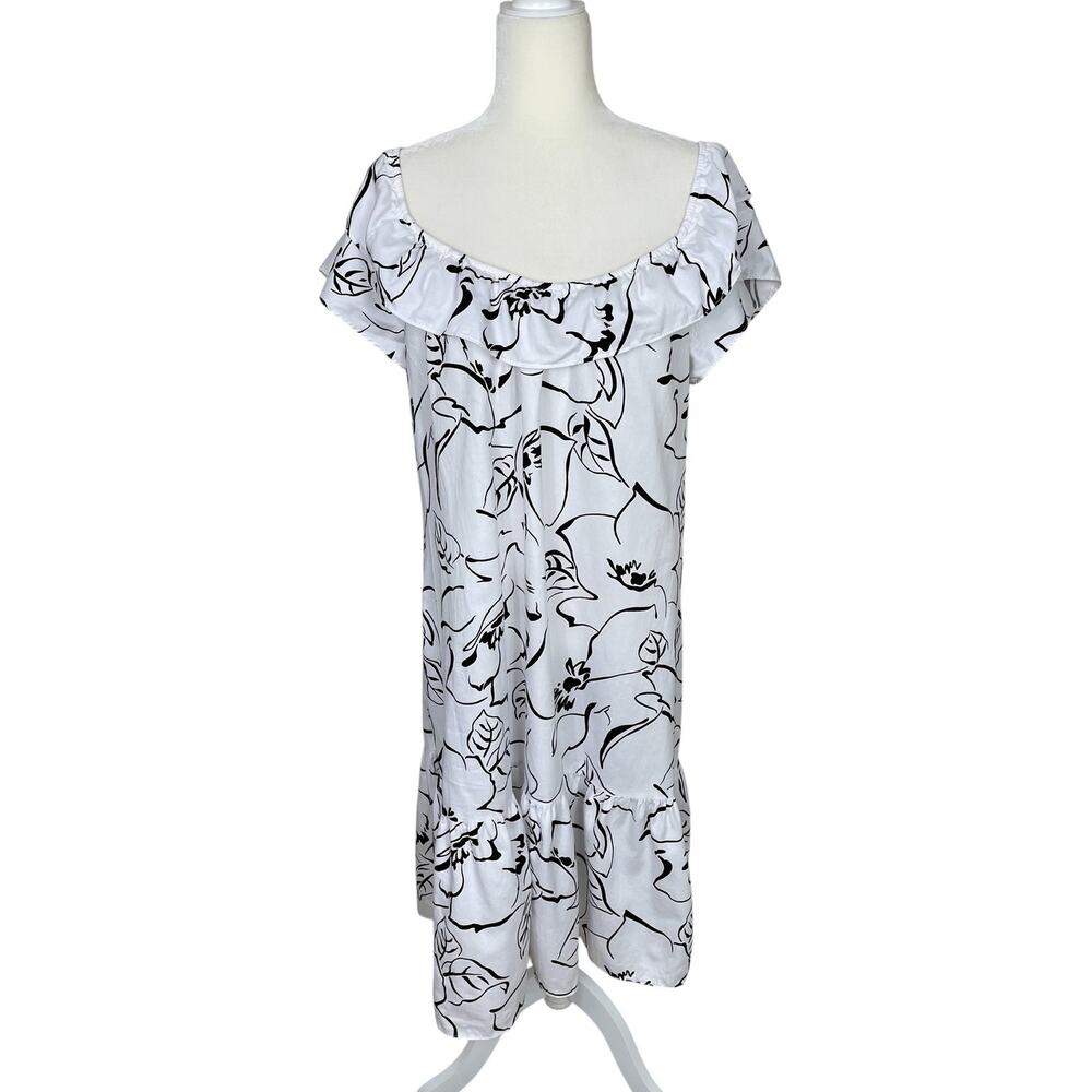 VTG Hilo Hattie Cotton Tropical Hawaiian Print Ruffled Dress Black White Sz M